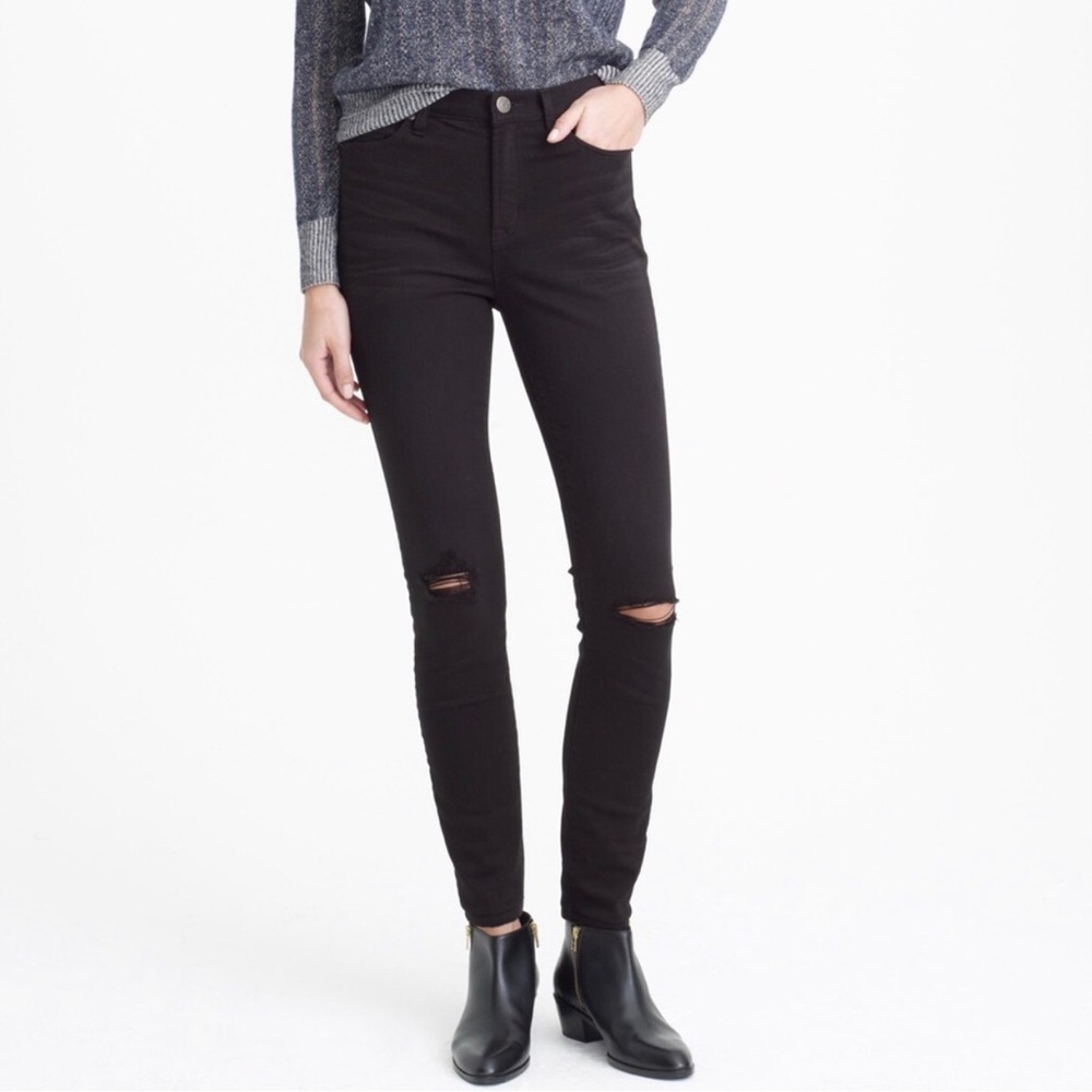J.Crew Lookout High‎ Rise Skinny Jeans Sz 27 Black Distressed Knee Stretch Denim